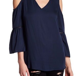 Pleione cold shoulder v neck top, navy blue, with bell sleeves